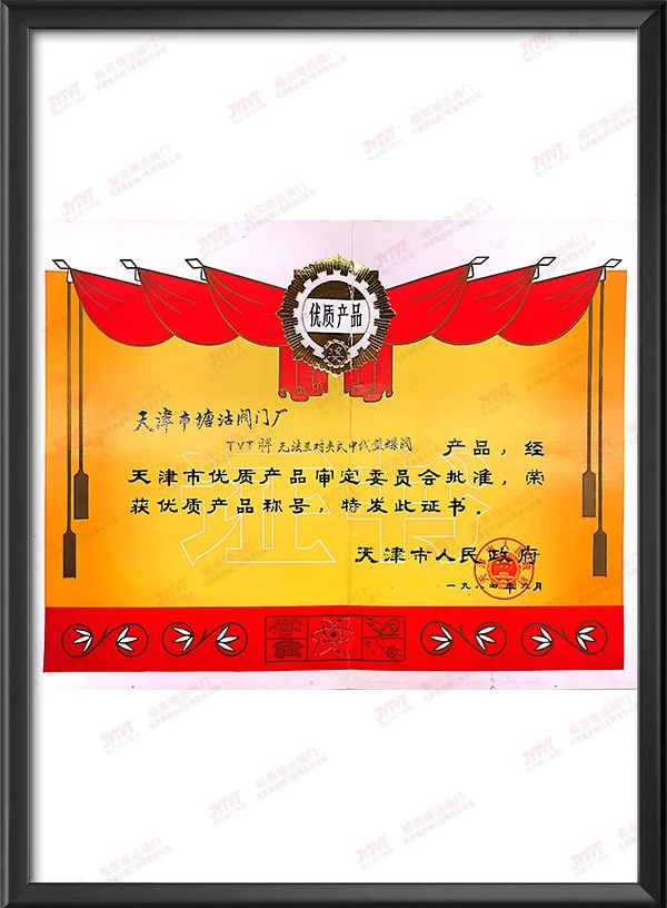 1984年无法兰对夹式中线型蝶阀荣获天津市优质产品称号