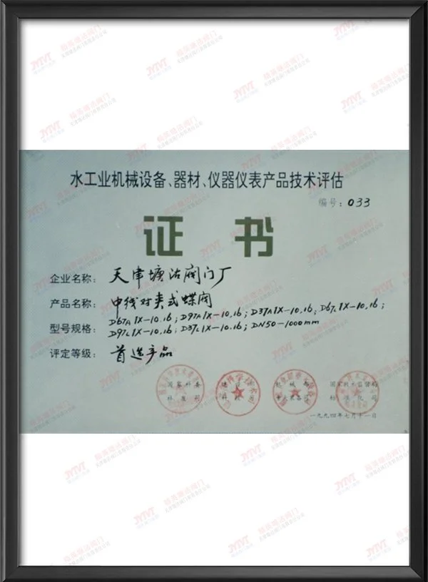 1994年中线对夹式蝶阀-首选产品证书