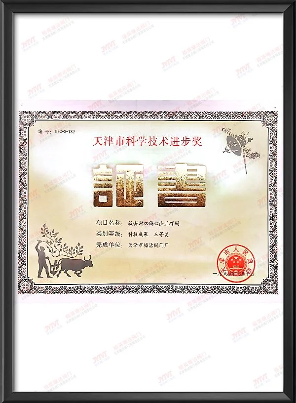 1995年软密封双偏心法兰蝶阀科技成果三等奖